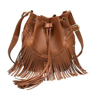 Urban Lux by TruCulture-Kate Tan Vegan Leather Bucket Bag with Fringe